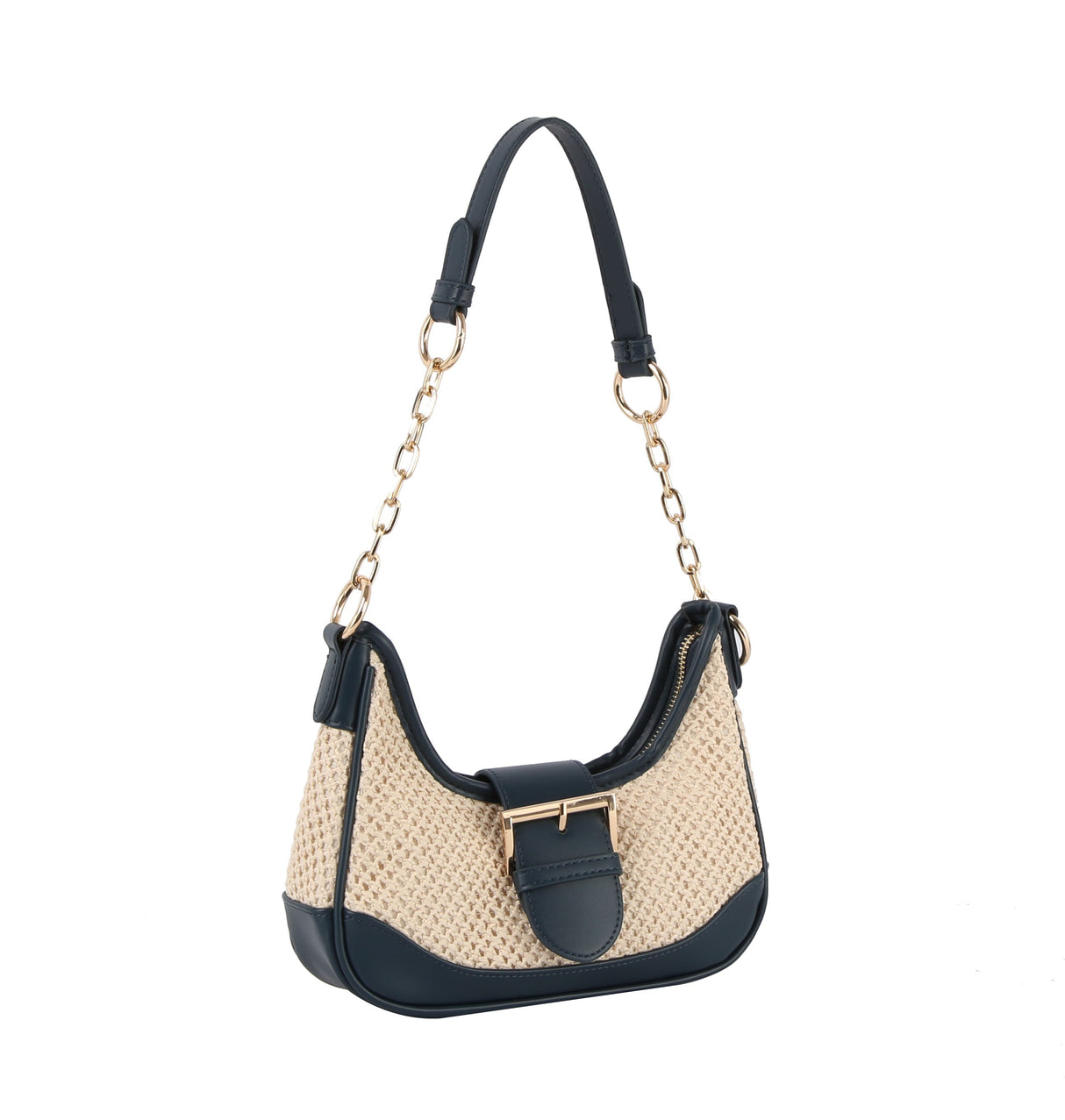 Buckle 2 tone fabric straw shoulder bag by hfstylish