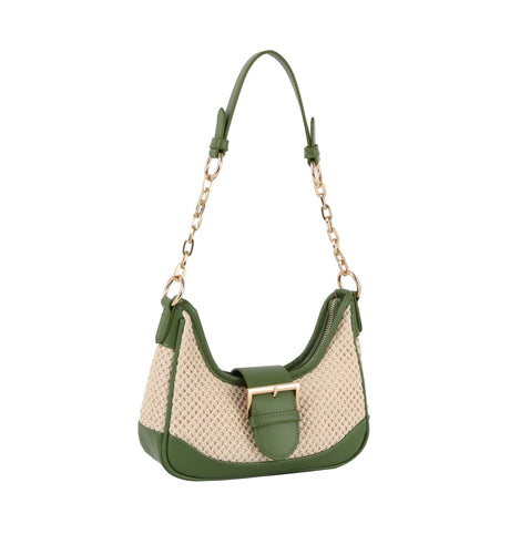 Buckle 2 tone fabric straw shoulder bag by hfstylish