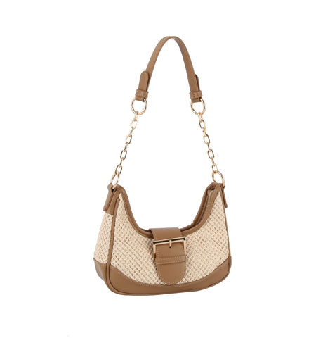 Buckle 2 tone fabric straw shoulder bag by hfstylish