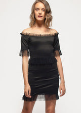 Off Shoulder Lace Trim Bodycon Dress In Black by Shop at Konus