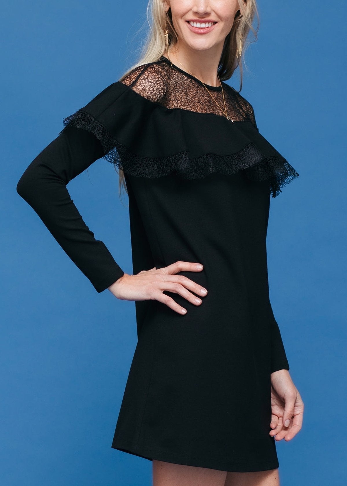 Lace Trim Sweatshirt Dress In Black by Shop at Konus