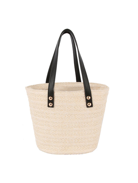 Drawstring Straw Tote with Leather Handles by hfstylish