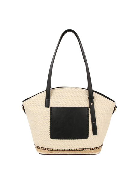 Straw vacation bag with front leather pocket by hfstylish