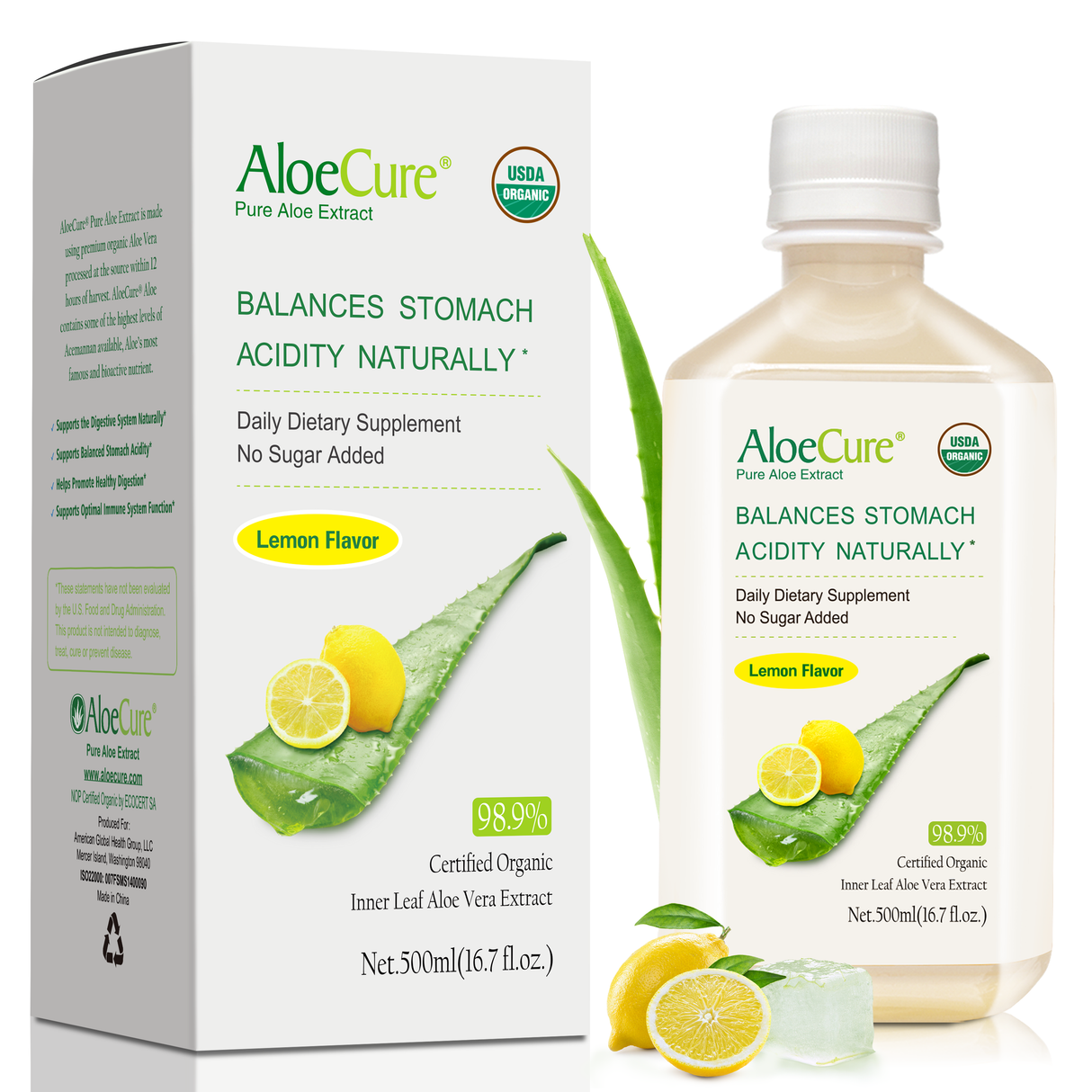 Pure Aloe Vera Juice Lemon Flavor - USDA Certified Organic by AloeCure