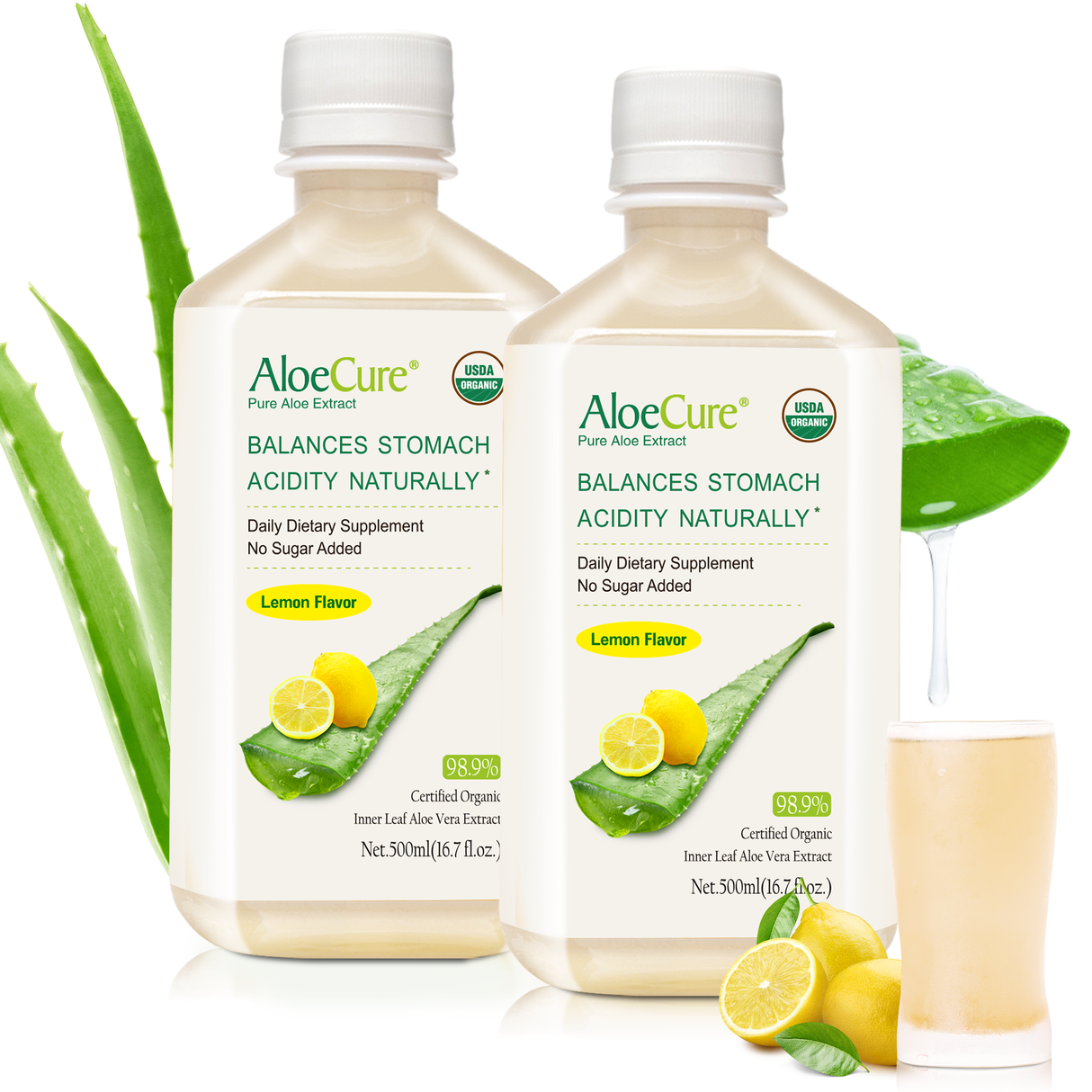 Pure Aloe Vera Juice Lemon Flavor - USDA Certified Organic by AloeCure