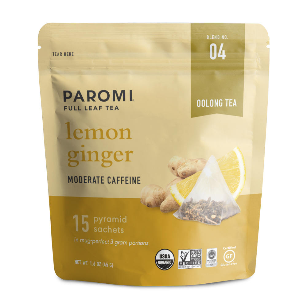 Organic Lemon Ginger Oolong Tea, Full Leaf, in Pyramid Tea Bags by Paromi Tea