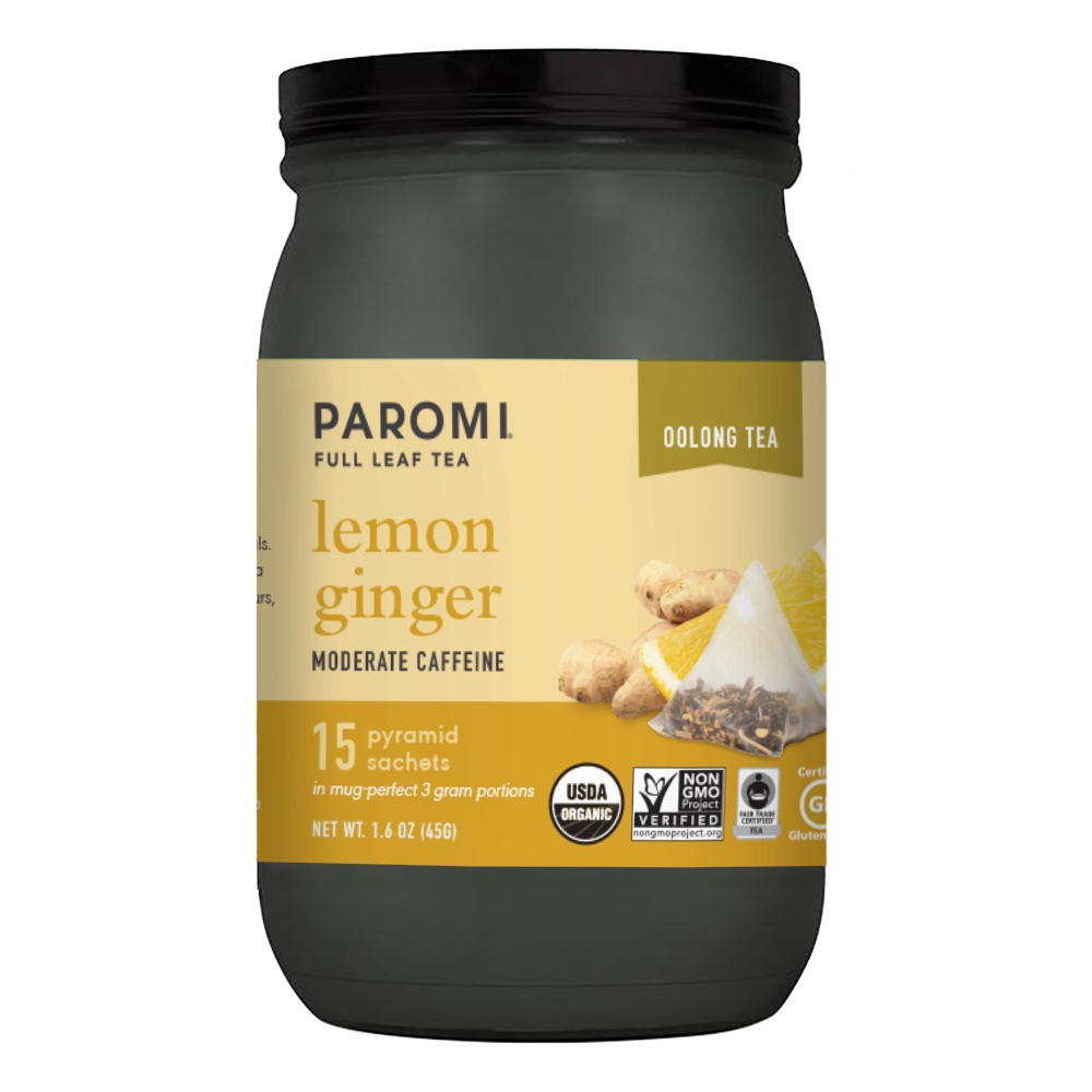 Organic Lemon Ginger Oolong Tea, Full Leaf, in Pyramid Tea Bags by Paromi Tea