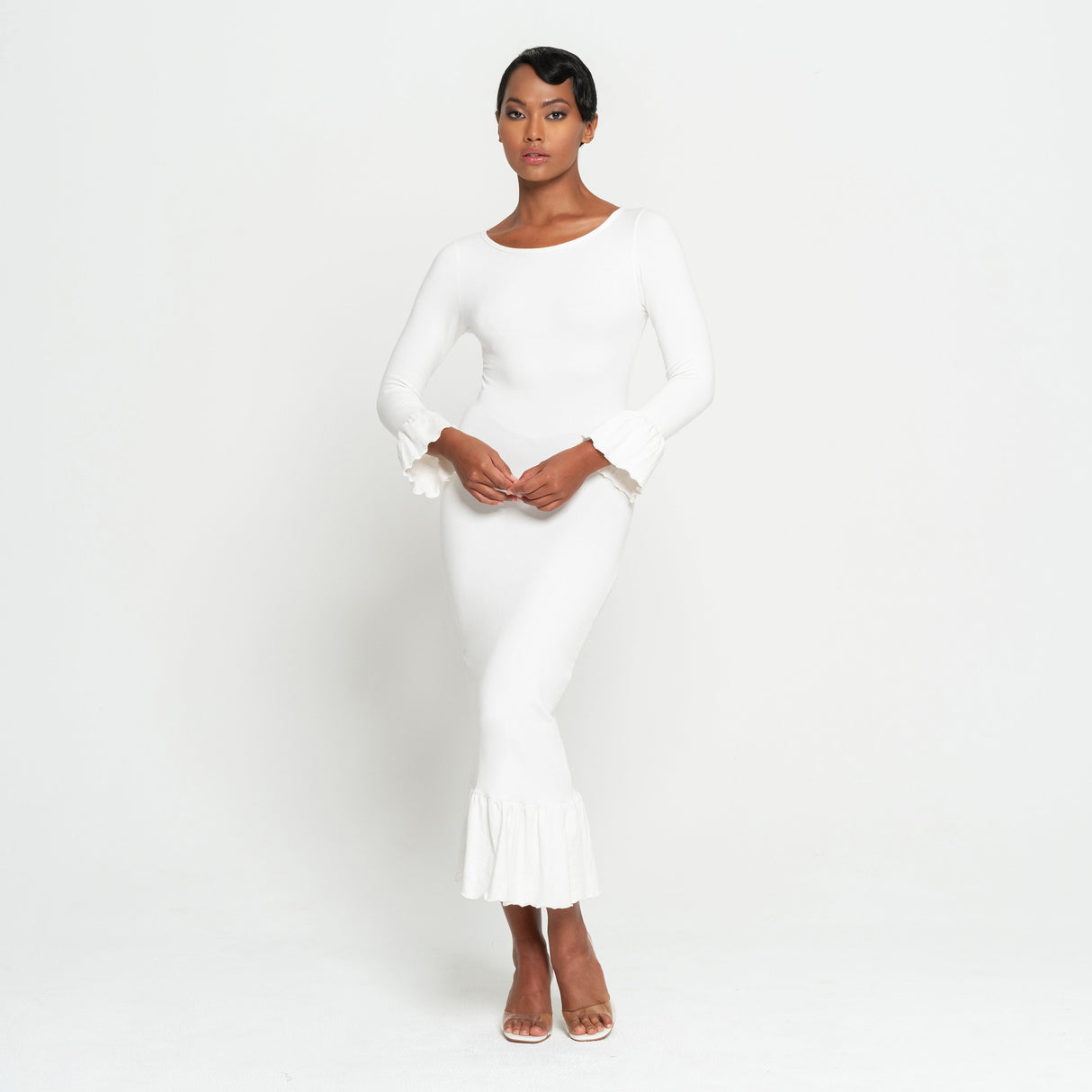 MARJORIE Bamboo Ruffle Dress, in Off-white by BrunnaCo