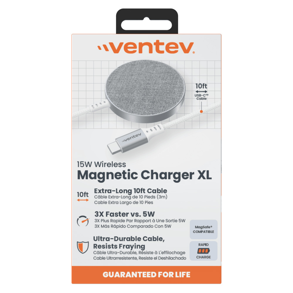 Ventev 15W ULTRAFAST Wireless Magnetic Charger with Extra-Long 10 Foot Alloy Cable Silver by Ventev