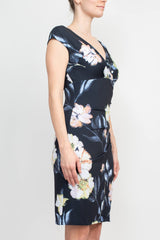 Catherine Malandrino V-Neck Gathered Side Cap Sleeve Floral Print Jersey Dress by Curated Brands