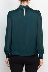 Zac & Rachel high neck ruched chiffon long sleeve keyhole back satin bodice top by Curated Brands