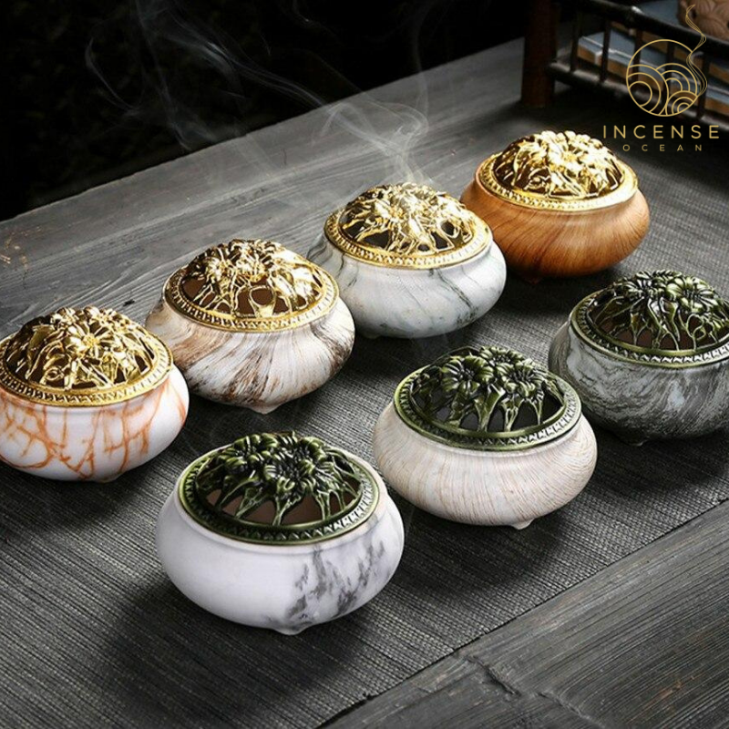 Marble Coil Censer Incense Burner Copper Cover Ceramic by incenseocean