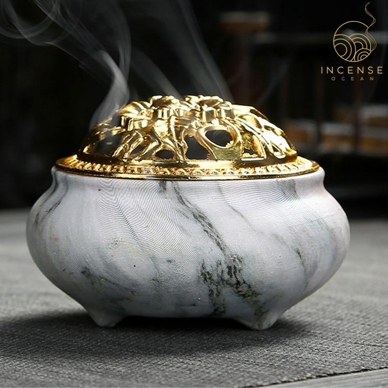 Marble Coil Censer Incense Burner Copper Cover Ceramic by incenseocean