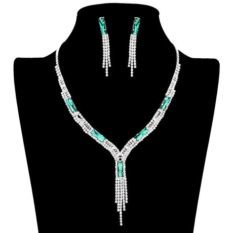 Rectangle Stone Accented Rhinestone Fringe Tip Jewelry Set by Madeline Love