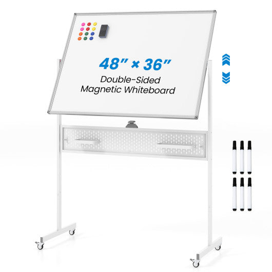 Mobile Whiteboard Adjustable Double-Sided Magnetic Board with Pegboard-White