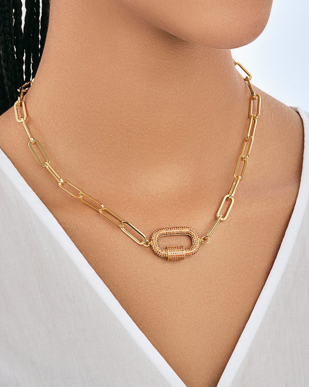 Pave CZ Carabiner Linked Lock Necklace by Sterling Forever