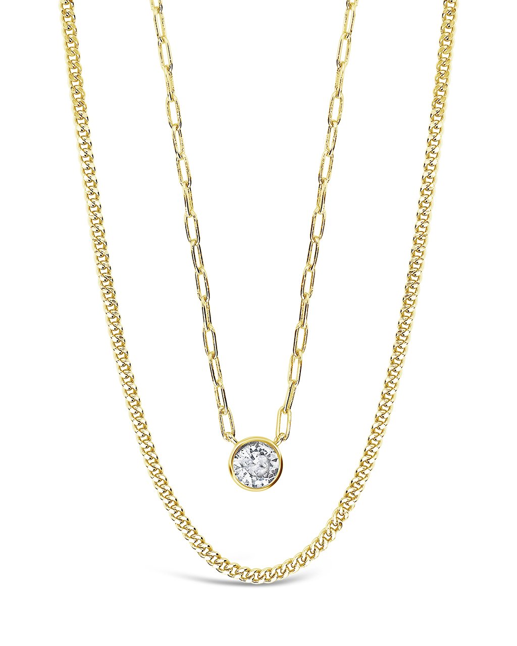 Delicate Sterling Silver 2 Layer Chain Necklace with Bezel CZ Charm by Sterling Forever