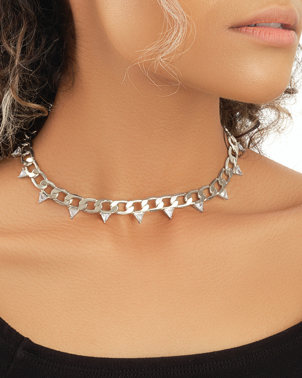 Cuban Chain Choker with Triangle Station CZs by Sterling Forever