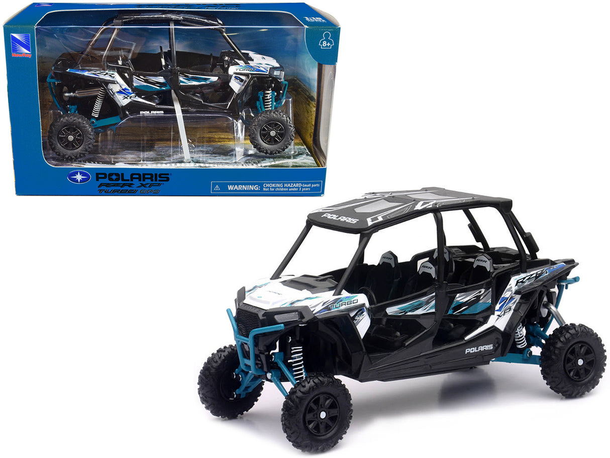 Polaris RZR XP 4 Turbo EPS Sport UTV Matt White Lightning with Graphics and Black Top 1/18 Diecast Model by New Ray