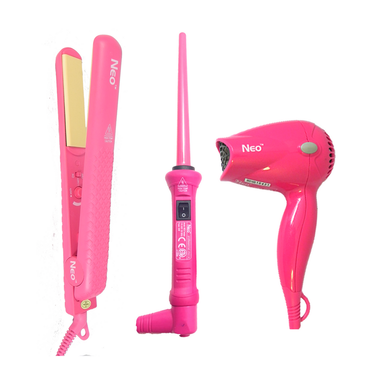 Complete Set - 1.25" Ceramic Flat Iron w/ 9-18mm Curling Wand & Mini Travel Hair Dryer - Pink