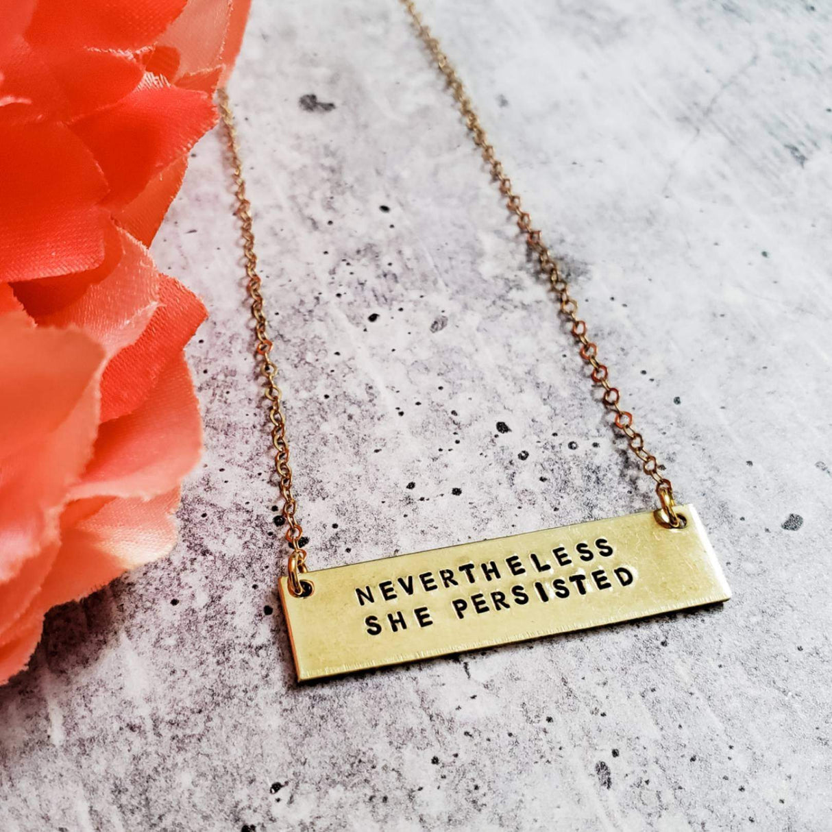 NEVERTHELESS SHE PERSISTED Brass Bar Necklace by Salt and Sparkle