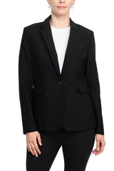 Zac & Rachel notched collar long sleeve one button closure scuba crepe blazer by Curated Brands