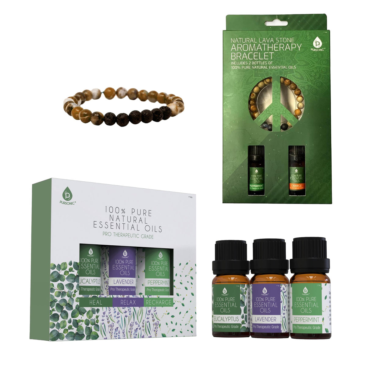 Pursonic Aromatherapy Bliss Set: Lava Stone Bracelet with 100% Pure Essential Oils by Pursonic