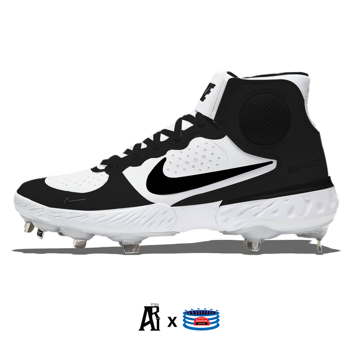 "Black & White" Nike Alpha Huarache Elite 3 Mid Cleats by Stadium Custom Kicks