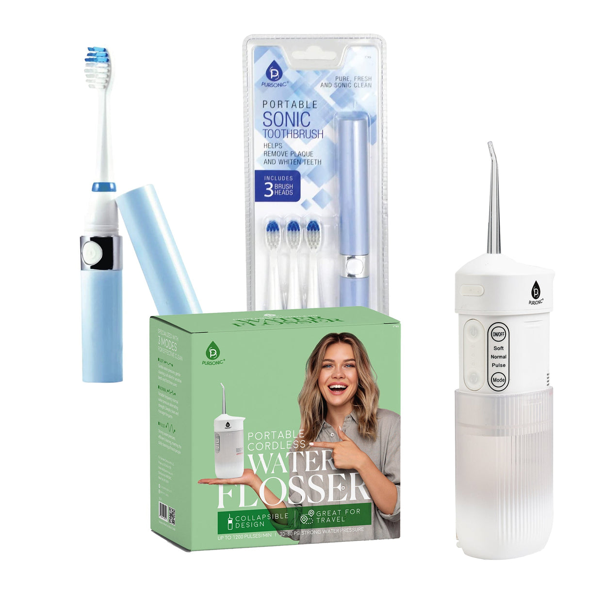 Compact Travel Oral Care Bundle: Portable USB Rechargeable Collapsible Water Flosser and Pursonic Portable Sonic Toothbrush by Pursonic