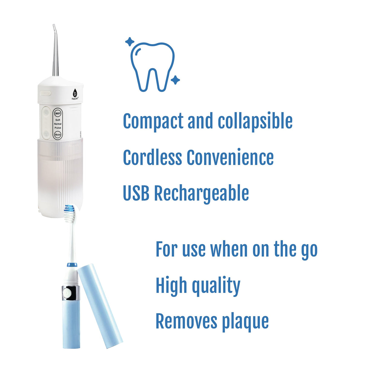 Compact Travel Oral Care Bundle: Portable USB Rechargeable Collapsible Water Flosser and Pursonic Portable Sonic Toothbrush by Pursonic