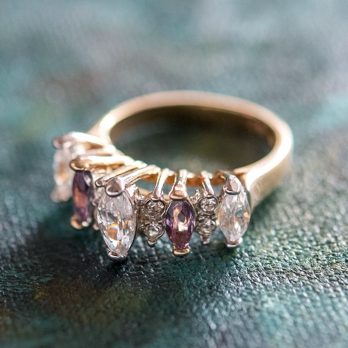 Vintage Genuine Garnet and Clear Cubic Zirconia Cocktail Ring 18k Yellow Gold Electroplated by PVD Vintage Jewelry