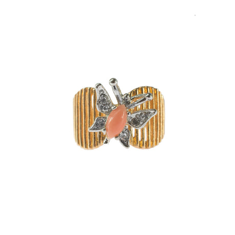 Vintage Butterfly Ring Genuine Coral and Clear Austrian Crystals 18kt Yellow Gold Electroplated by PVD Vintage Jewelry