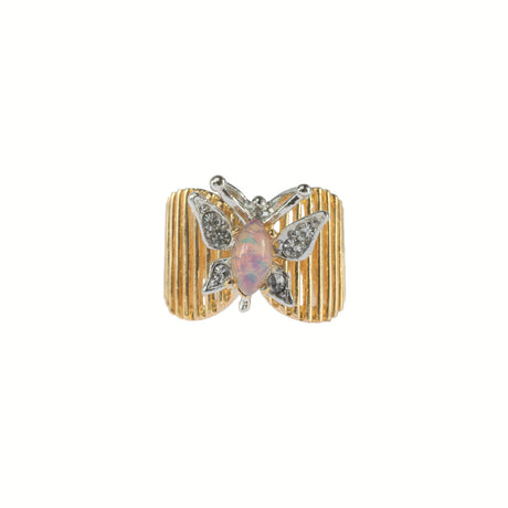 Vintage Butterfly Ring Genuine Coral and Clear Austrian Crystals 18kt Yellow Gold Electroplated by PVD Vintage Jewelry