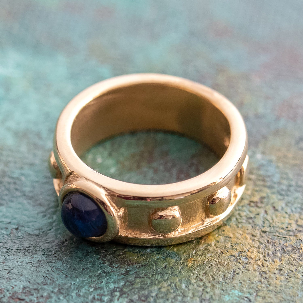 Vintage Ring 1970s Sapphire Cabocon Glass Ring 18k Brushed Gold September Birthstone #R3095 by PVD Vintage Jewelry