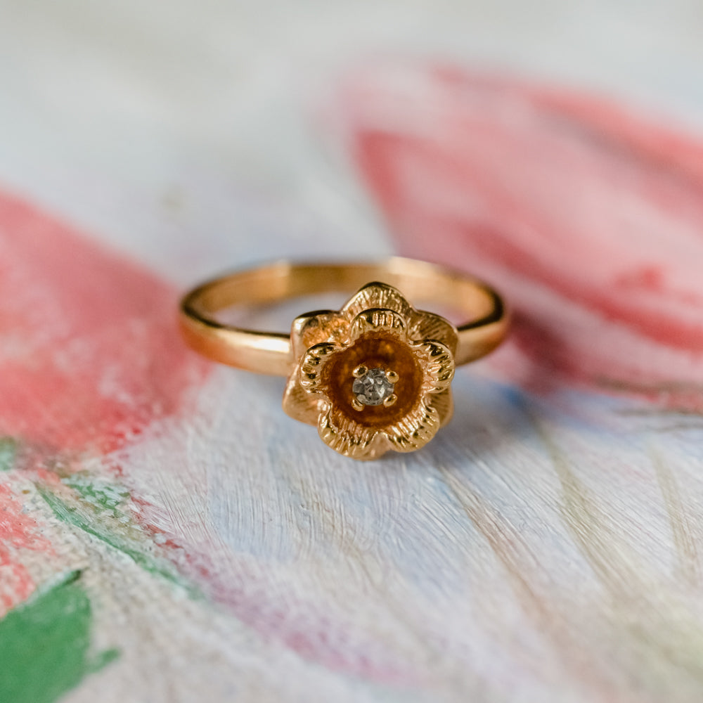 Vintage Flower Ring Clear Crystal 18k Yellow Gold Electroplated by PVD Vintage Jewelry