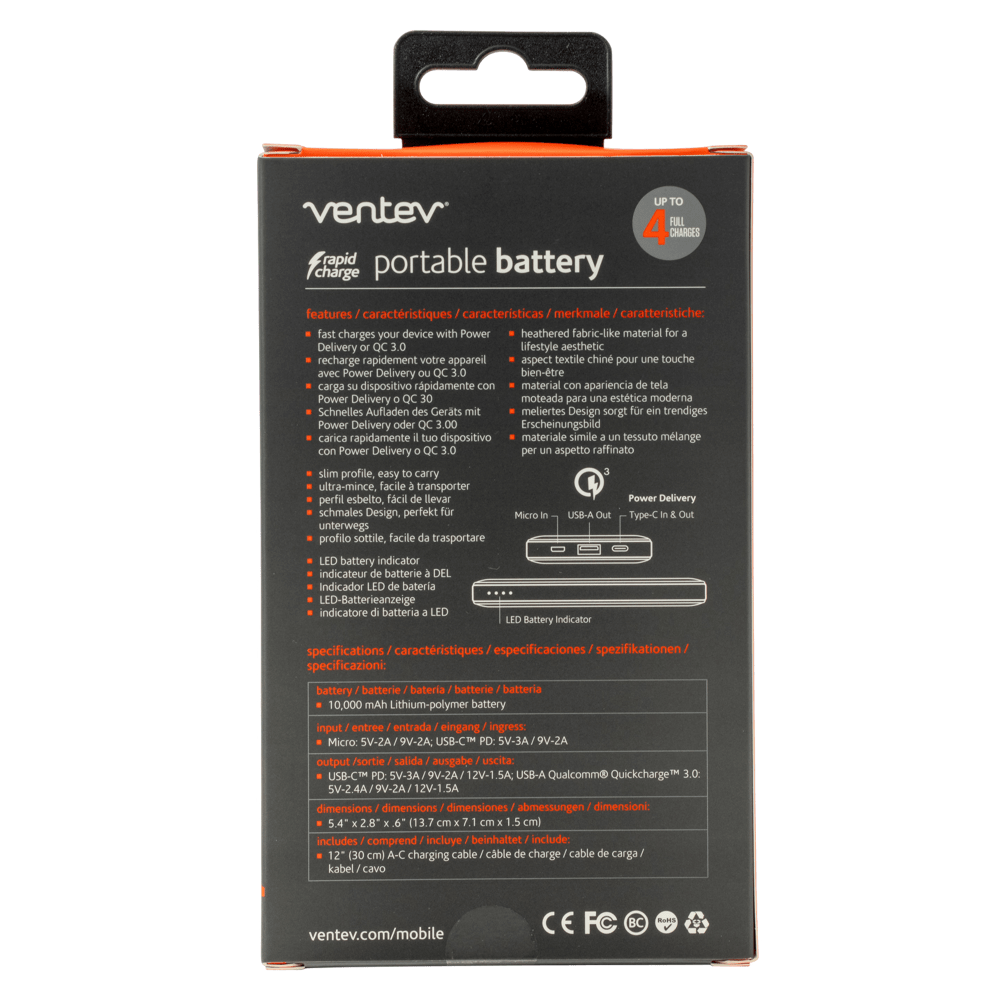 Ventev Portable Battery PD 10,000 mAh Gray by Ventev