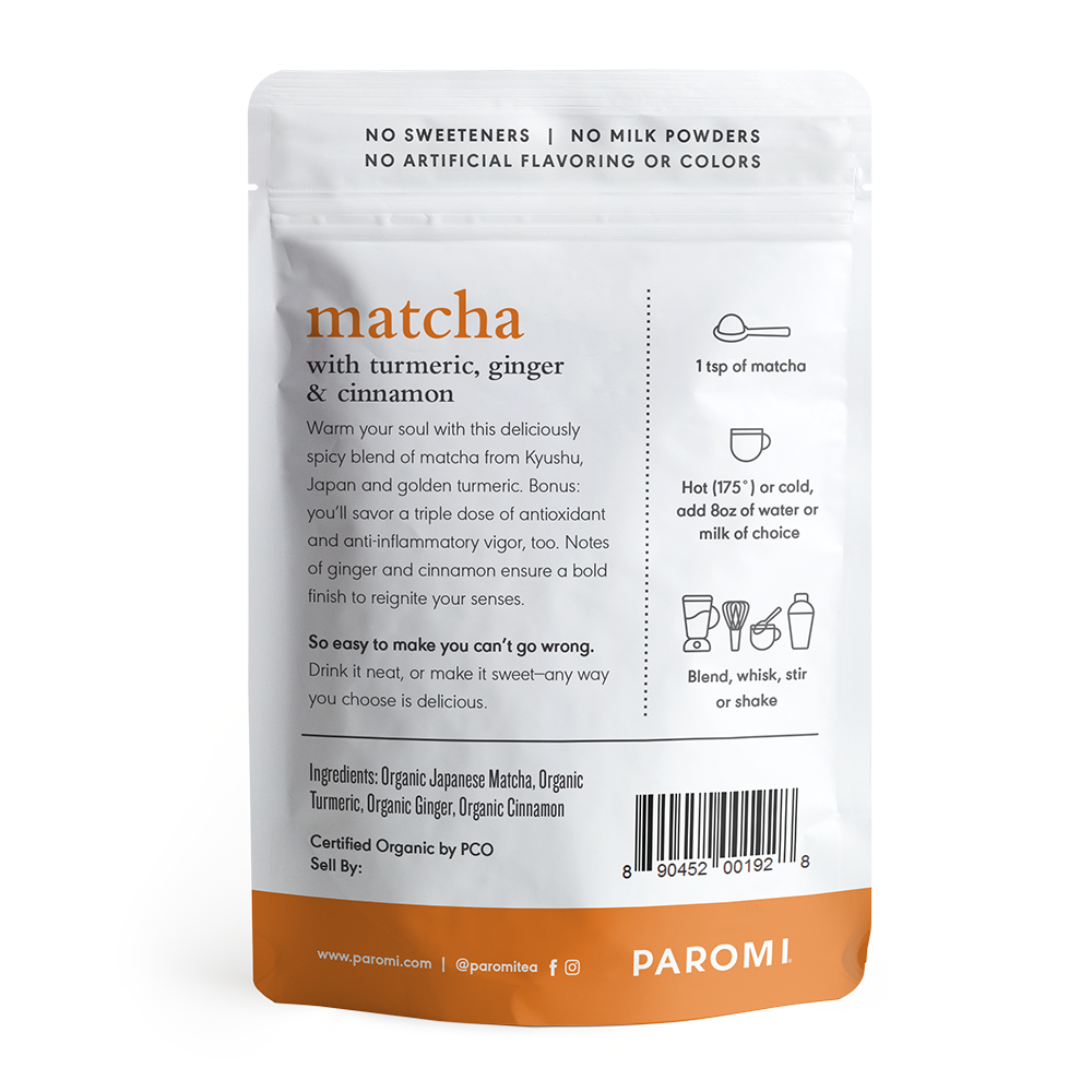 Organic Matcha with Turmeric, Ginger and Cinnamon, Stone Ground Japanese Tencha Green Tea, 1.23 oz (18 servings) by Paromi Tea