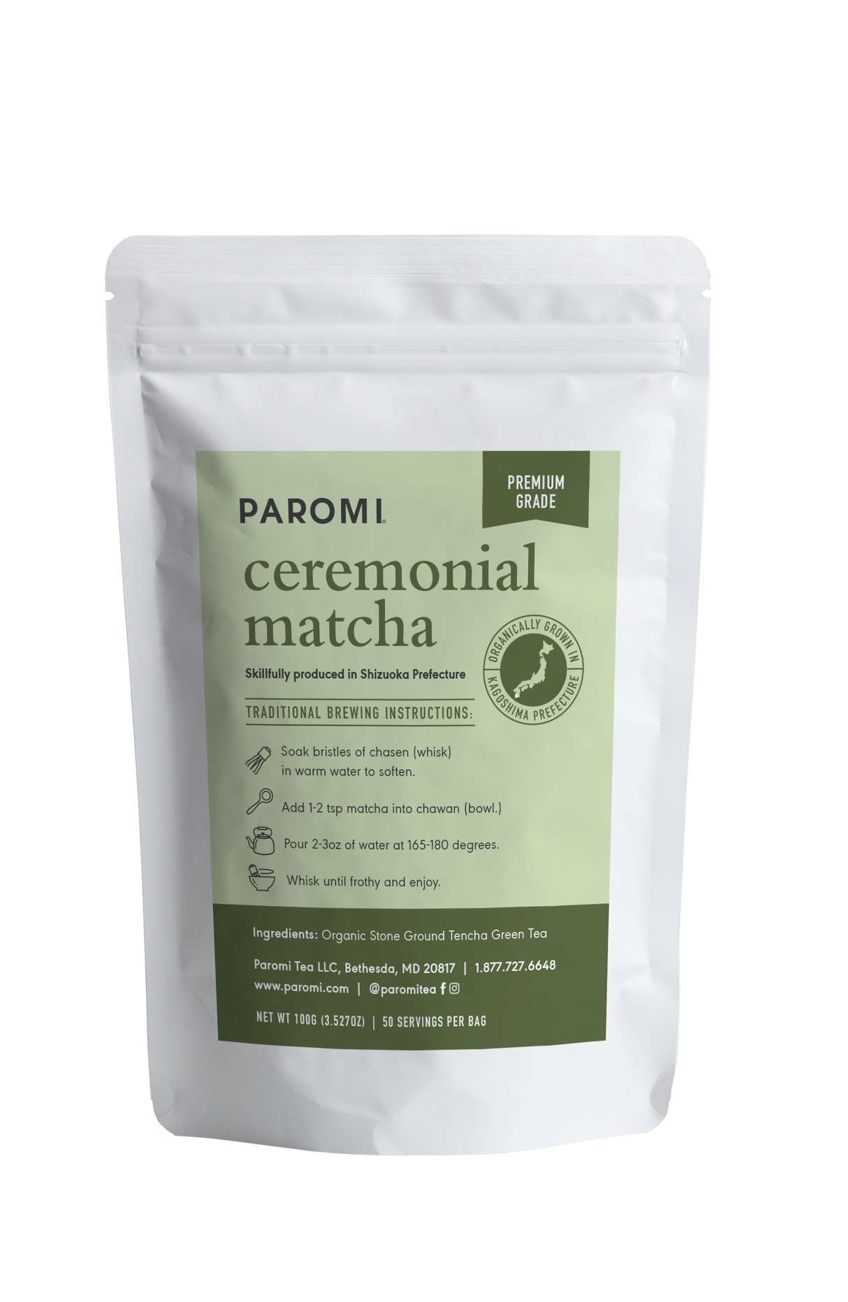 Organic Matcha Premium Grade, Stone Ground Japanese Tencha Green Tea, Caffeinated, 100 servings by Paromi Tea