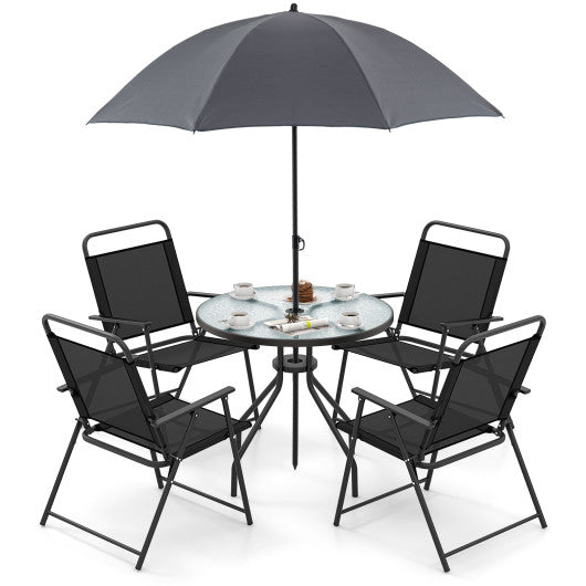 6 Pieces Patio Dining Set Folding Chairs Glass Table Tilt Umbrella for Garden-Gray