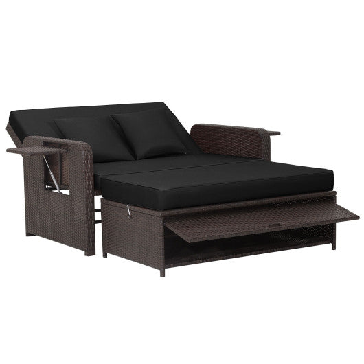 Patio Rattan Daybed with 4-Level Adjustable Backrest and Retractable Side Tray-Black