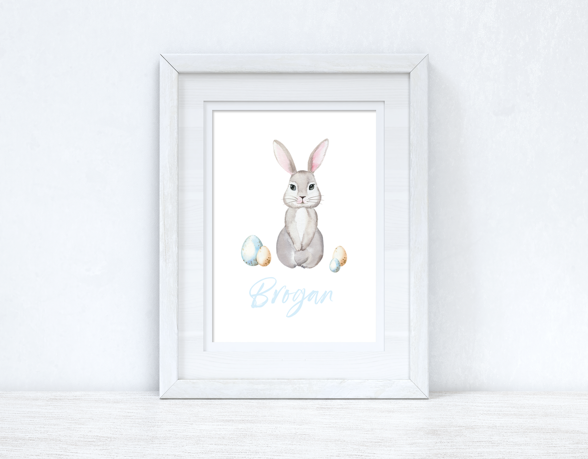 Personalised Blue Wording Bunny Eggs Easter Spring Seasonal Wall Home Decor Print by WinsterCreations™ Official Store