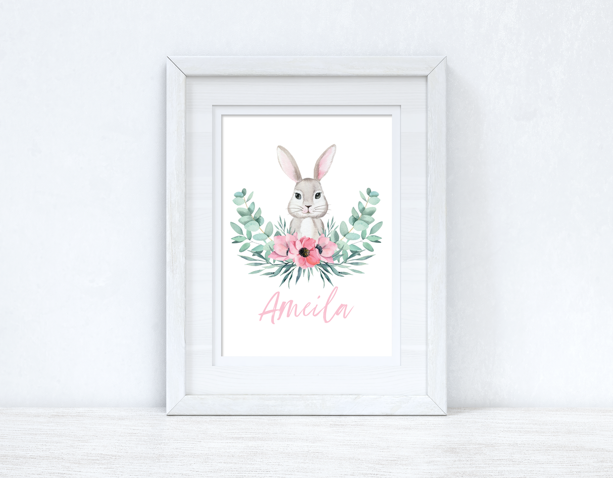 Personalised Pink Wording Floral Bunny Easter Spring Seasonal Wall Home Decor Print by WinsterCreations™ Official Store