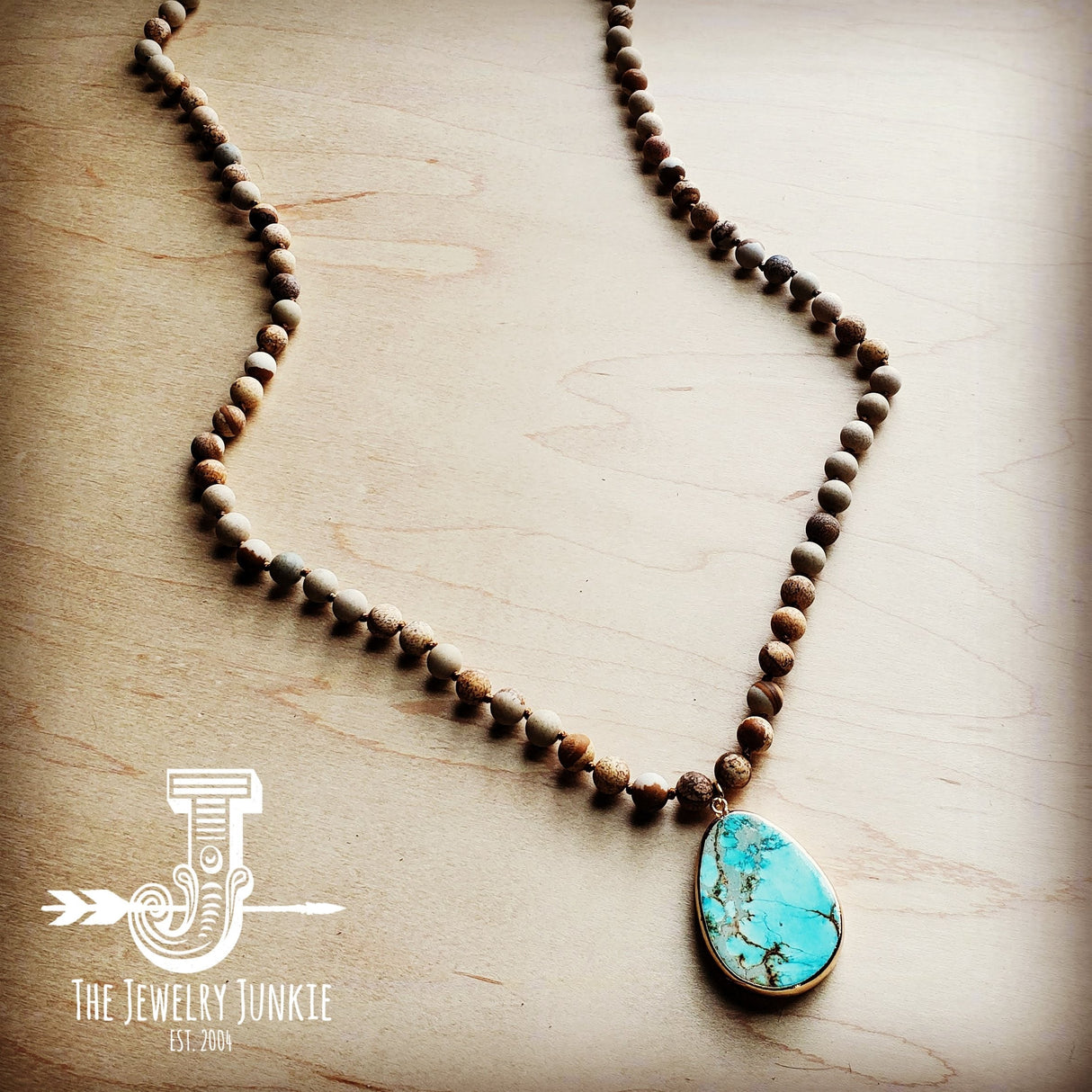 Bohemian Natural JASPER Beaded Necklace with Ocean Agate Pendant 245u by The Jewelry Junkie