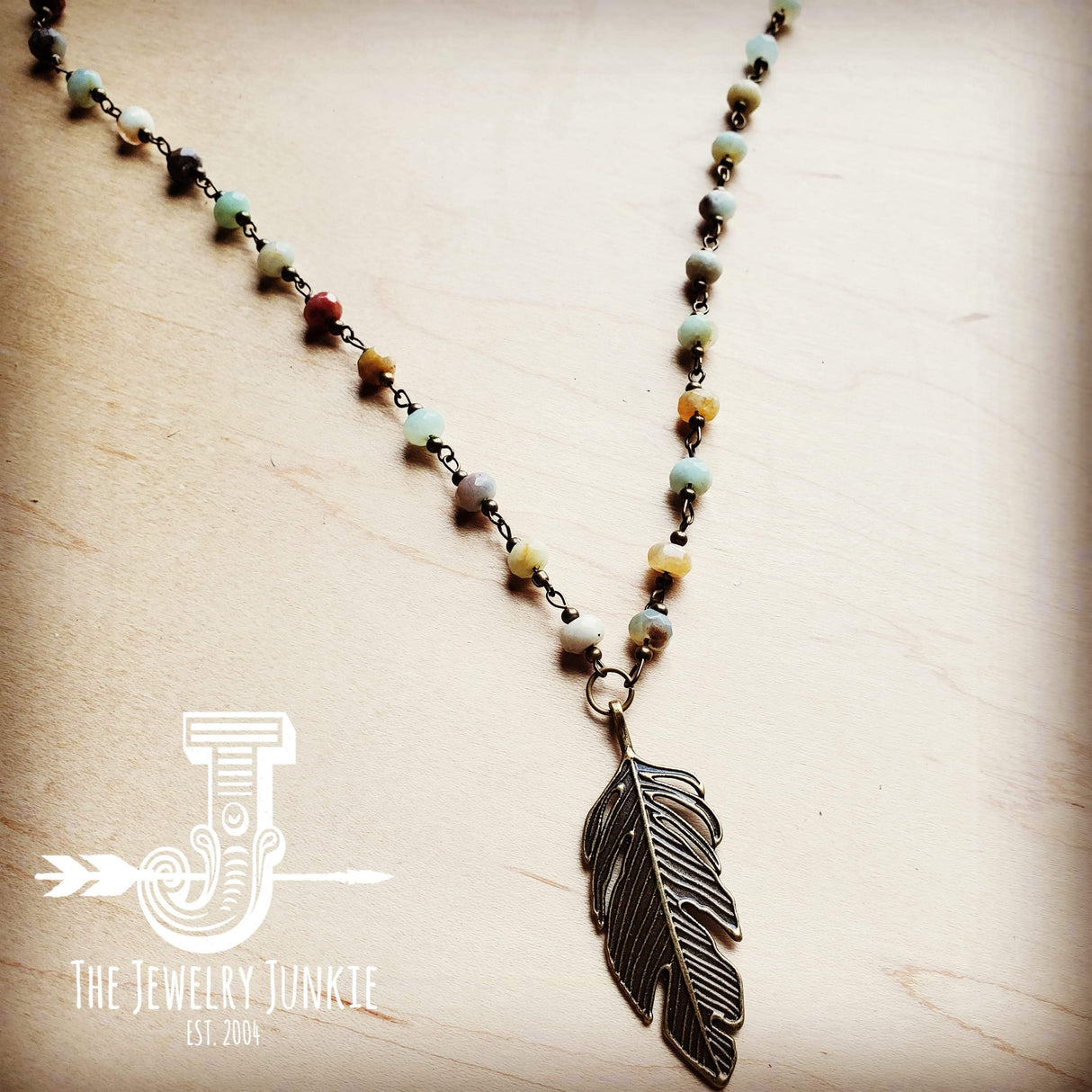 Amazonite Beaded Necklace with Antique Gold Feather 251x by The Jewelry Junkie