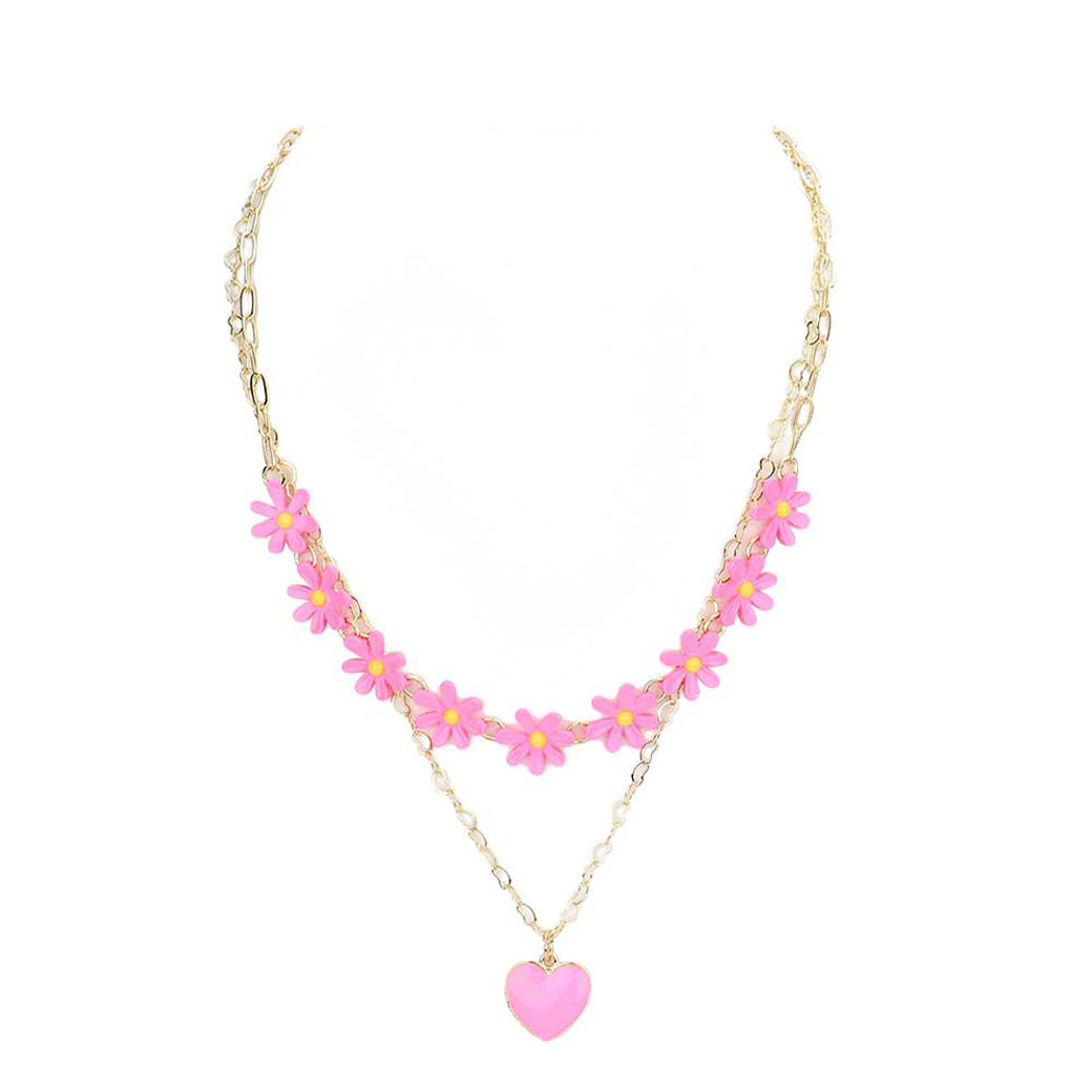 Enamel Heart Pendant Flower Link Double Layered Necklace by Madeline Love