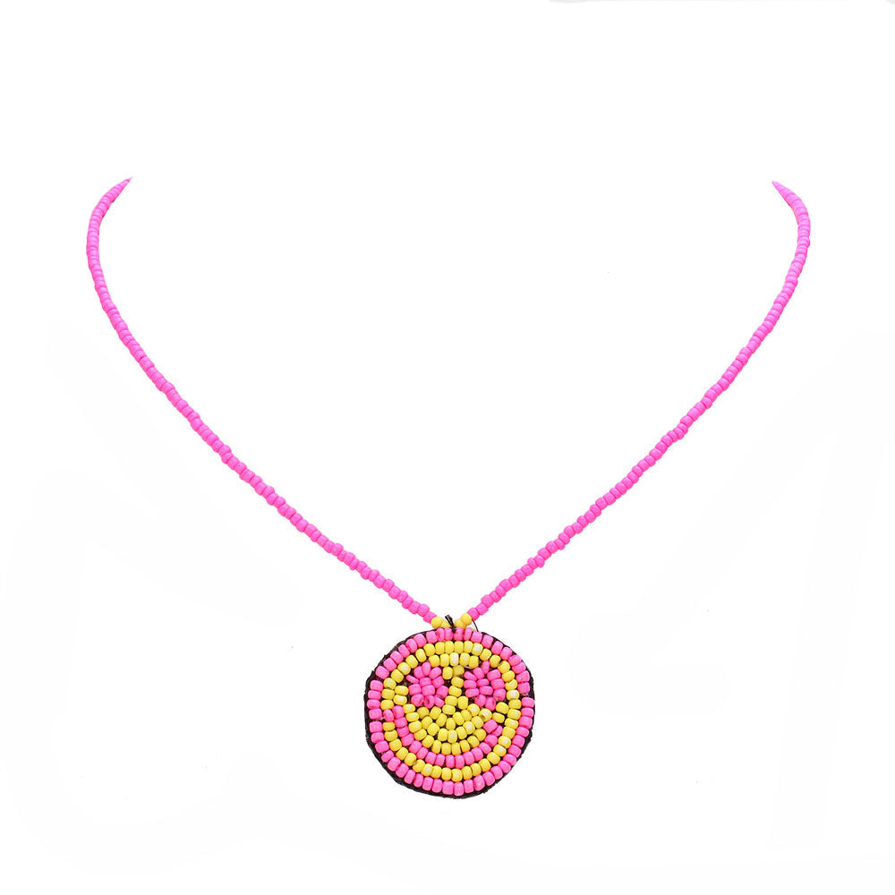 Felt Back Seed Beaded Smile Pendant Necklace by Madeline Love