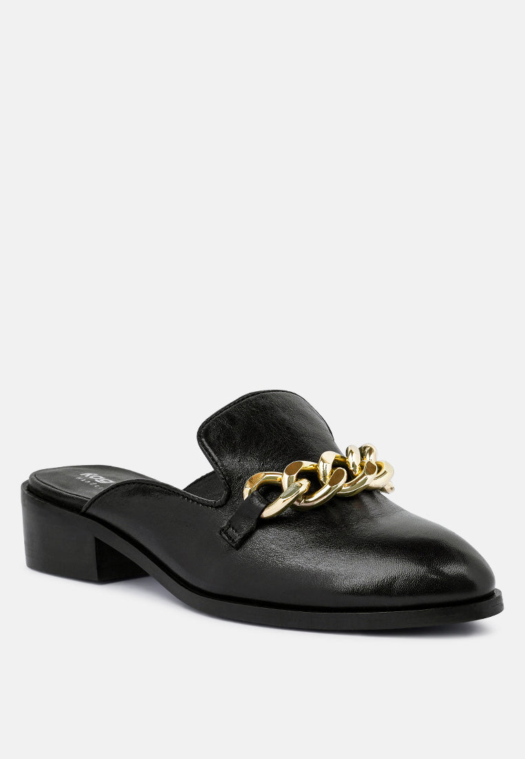 aksa chain embellished metallic leather mules by London Rag