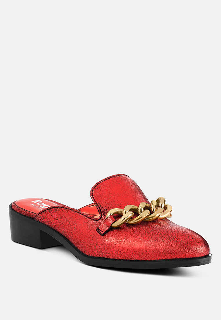 aksa chain embellished metallic leather mules by London Rag