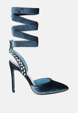 wallis blue velvet diamante stud tie up sandals by London Rag