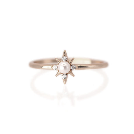 14k Northern Star Akoya Pearl with Diamond Gold Ring by VicStoneNYC Fine Jewelry